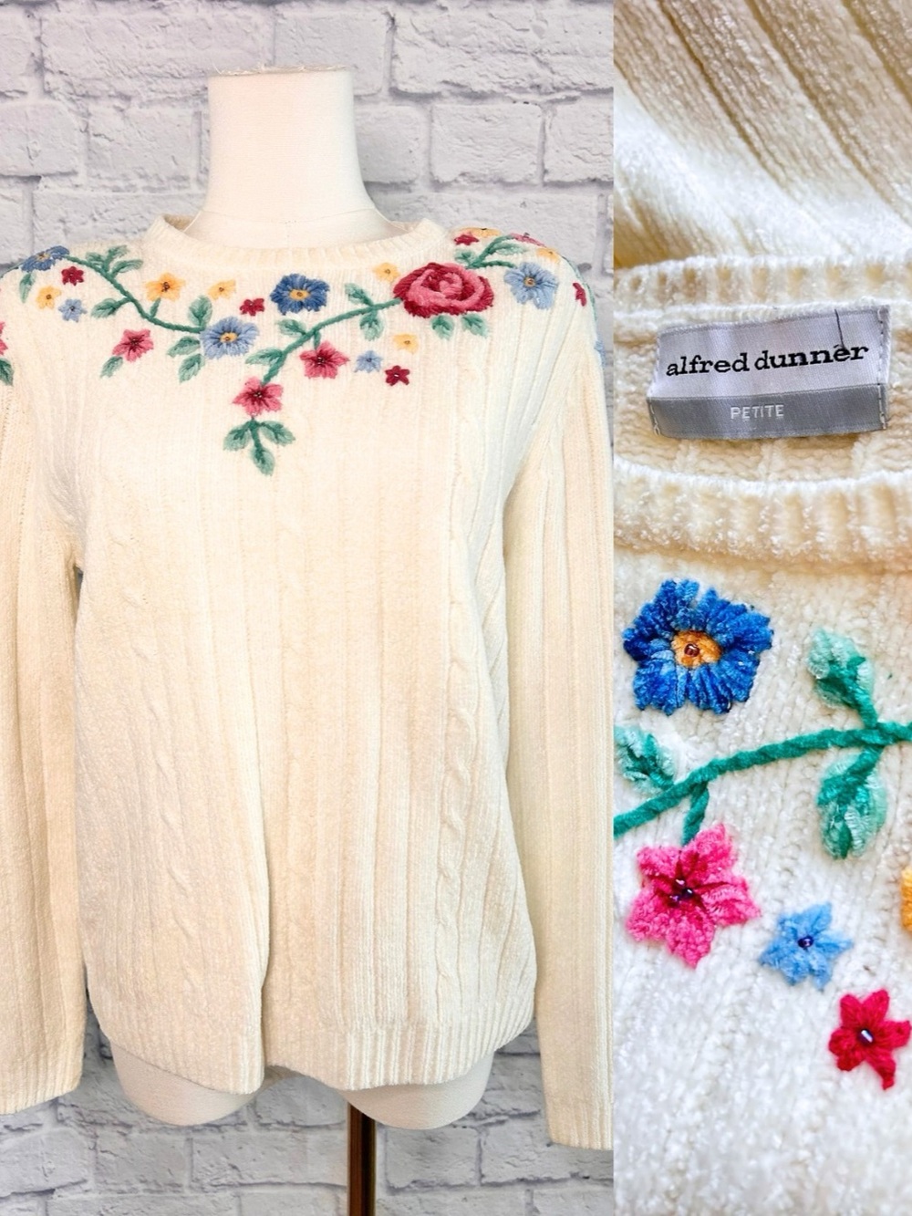 Alfred Dunner Embroidered Beaded Sweater Floral Cable Knit Grannycore Cottagecor